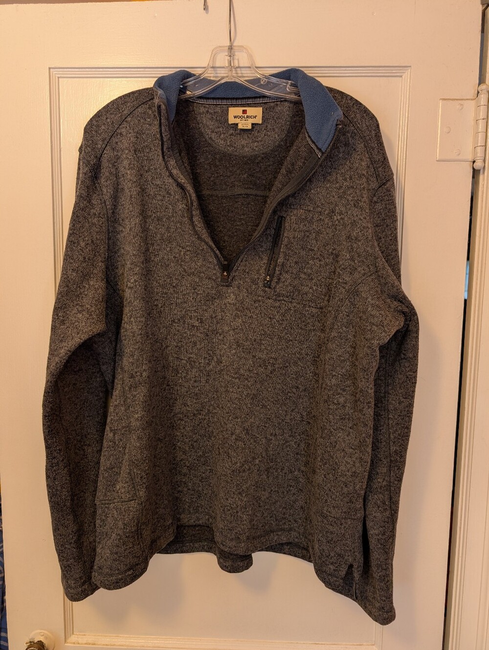 Woolrich Men’s Gray Zip-Neck Sweater with Blue Collar Trim